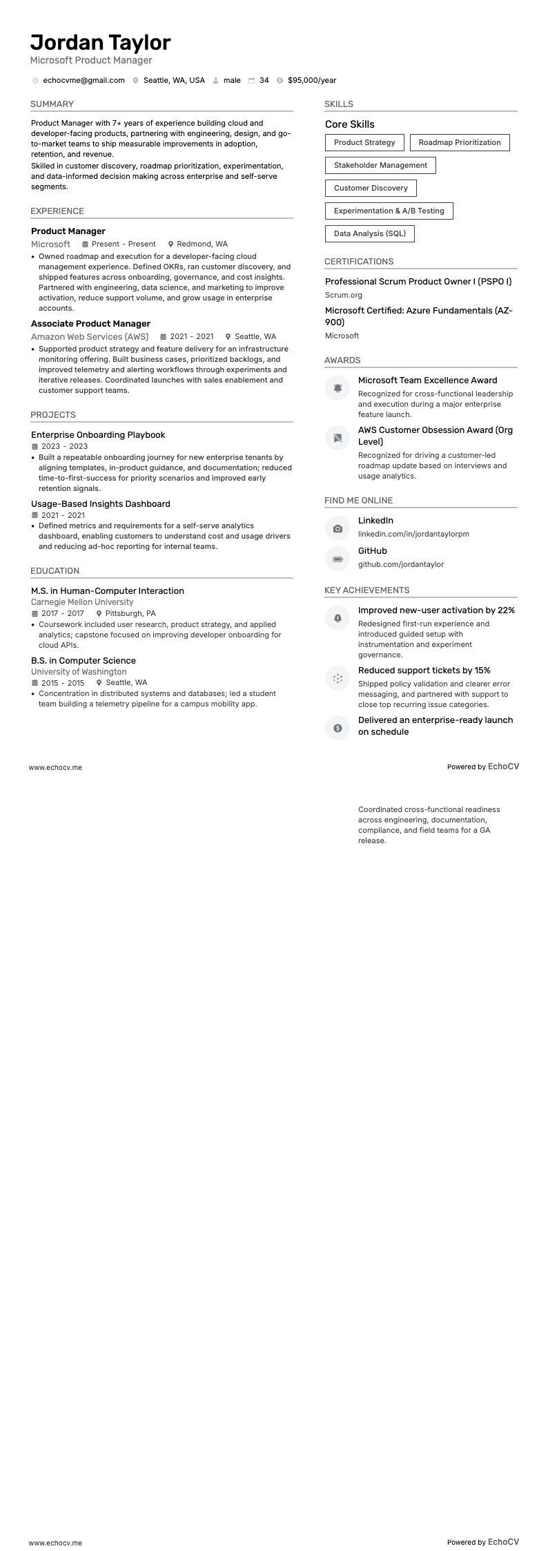 Microsoft Produktmanager example resume