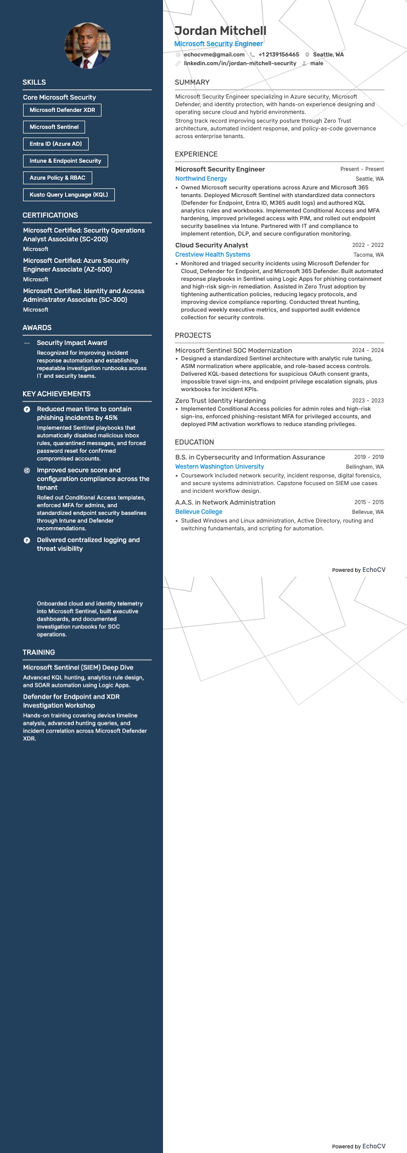 Microsoft-Sicherheitsingenieur example resume