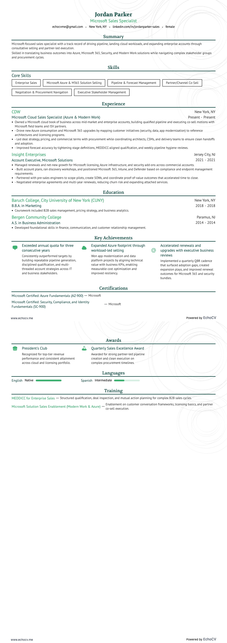 Microsoft-Vertriebsspezialist example resume