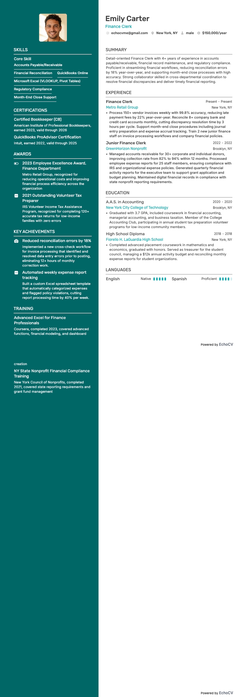 Finance Clerk example resume