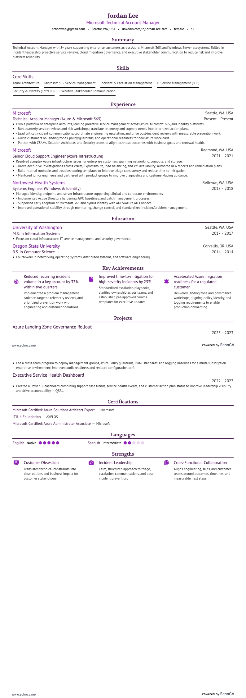 Technischer Account Manager bei Microsoft example resume