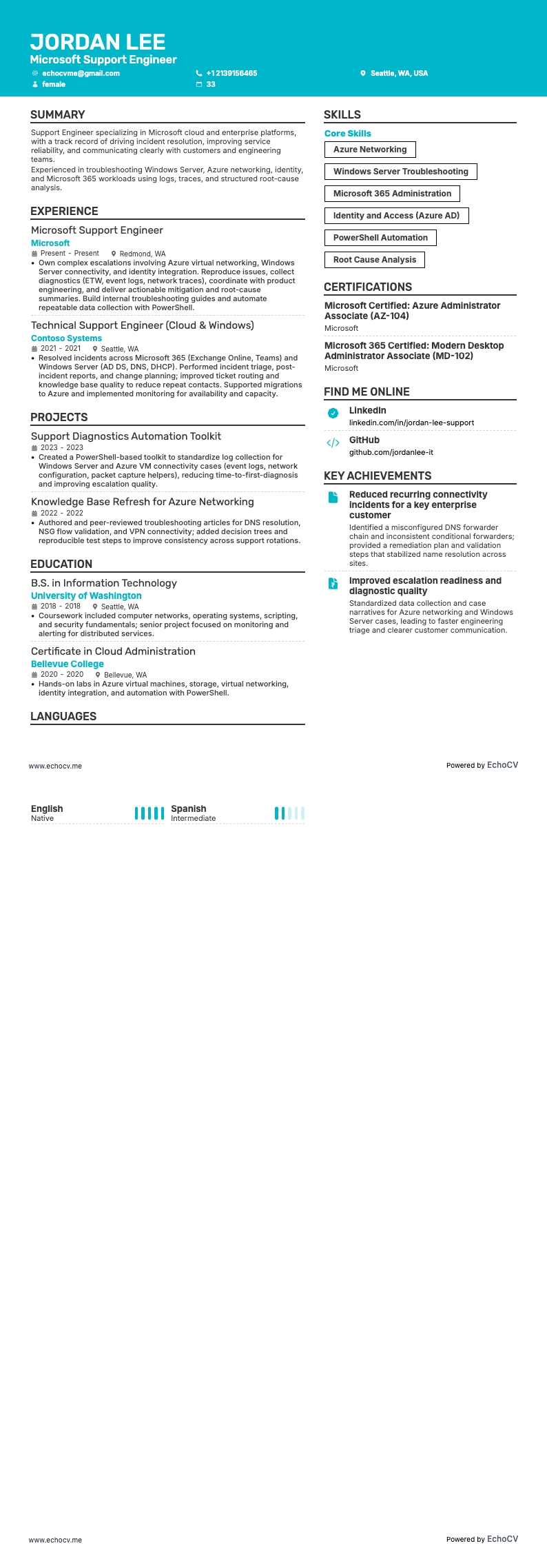 Microsoft Support Engineer example resume