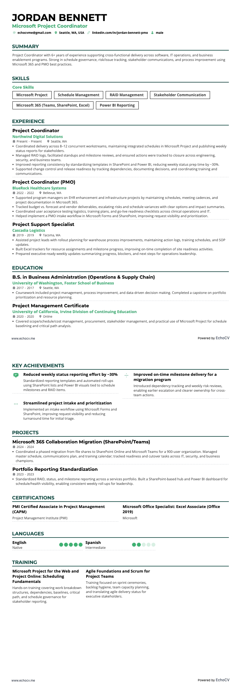 Microsoft-Projektkoordinator example resume