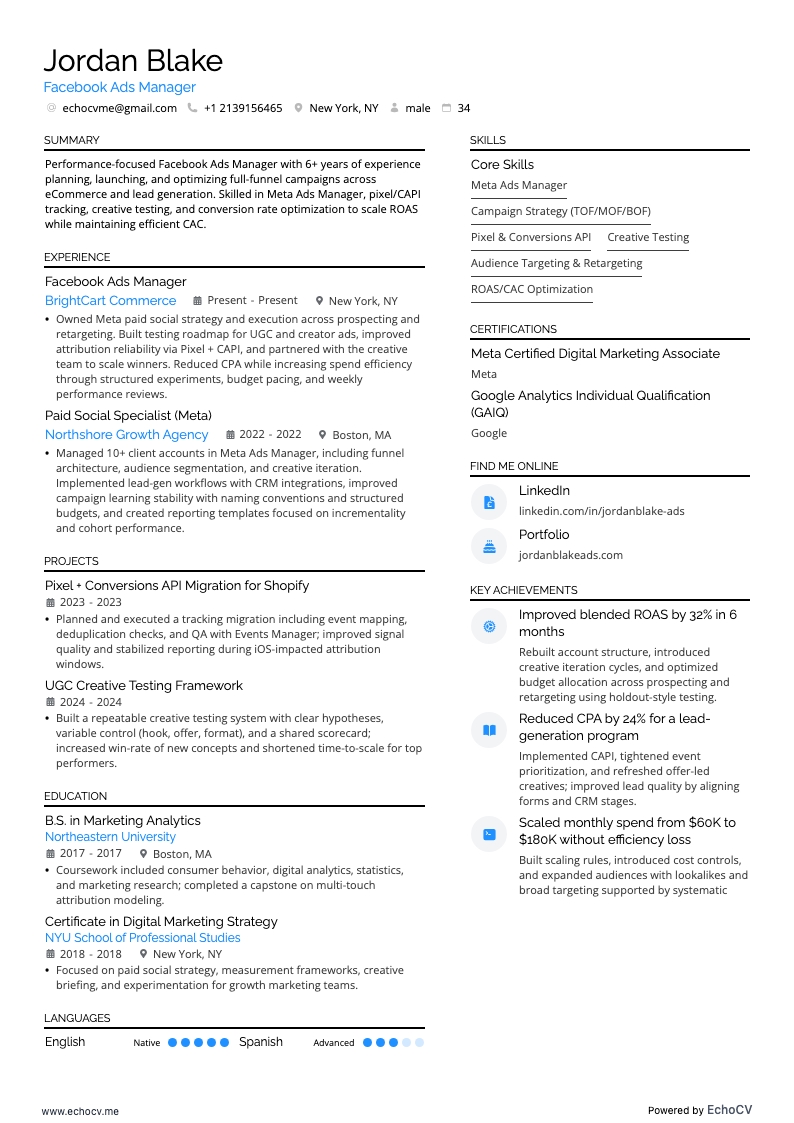 Facebook Ads Manager example resume