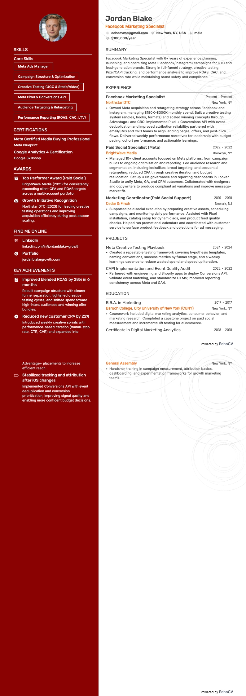 Facebook Marketing Specialist example resume