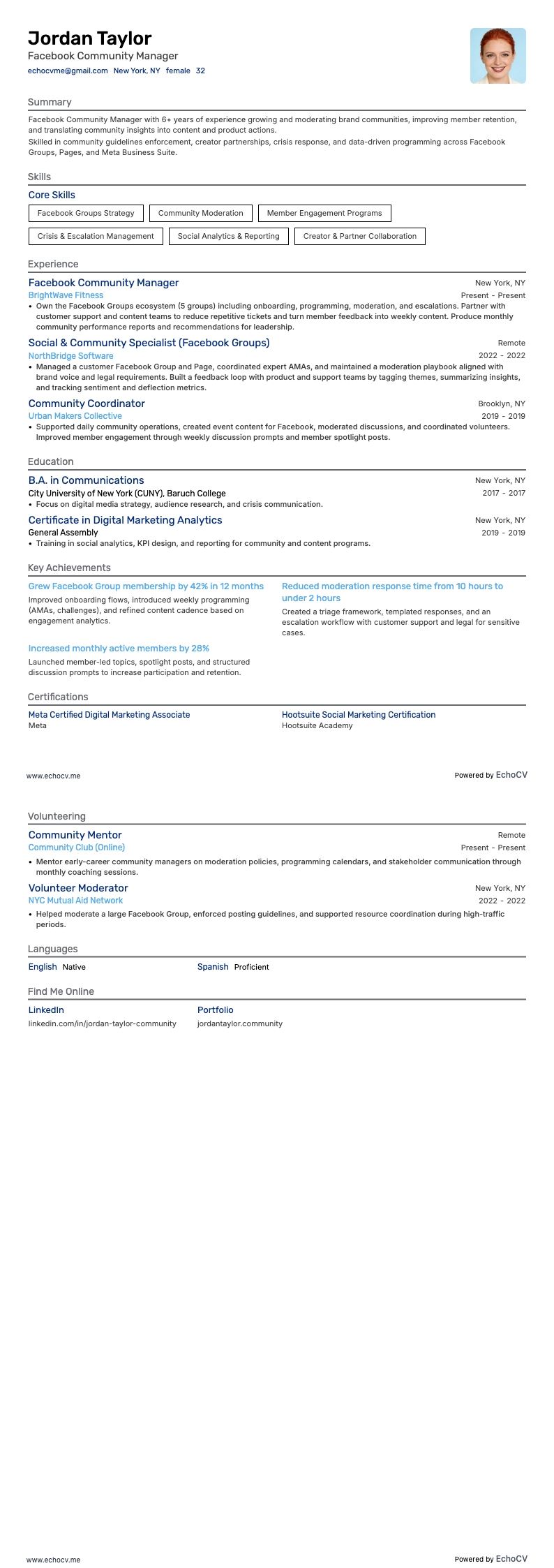 Facebook Community Manager example resume