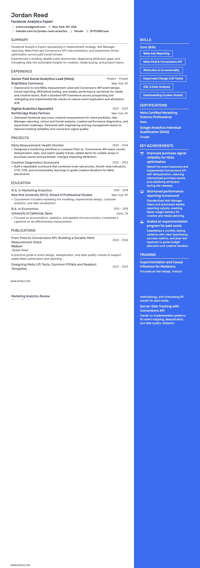 Facebook Analytics Expert example resume