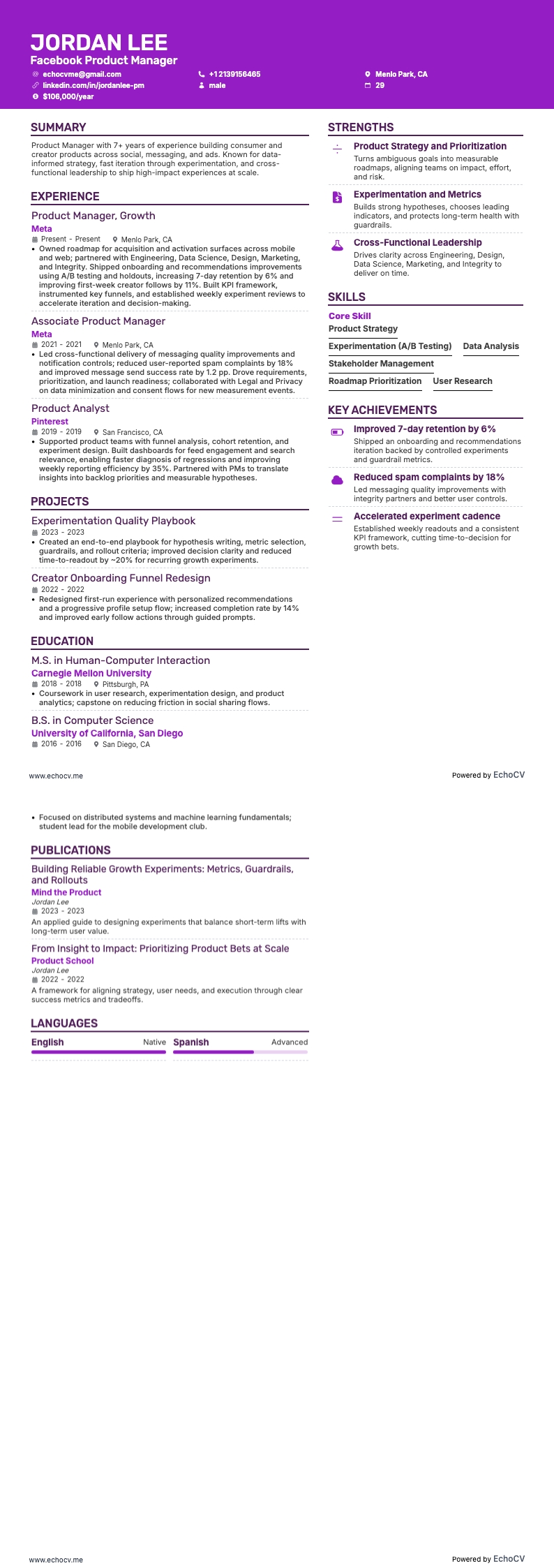 Facebook Product Manager example resume