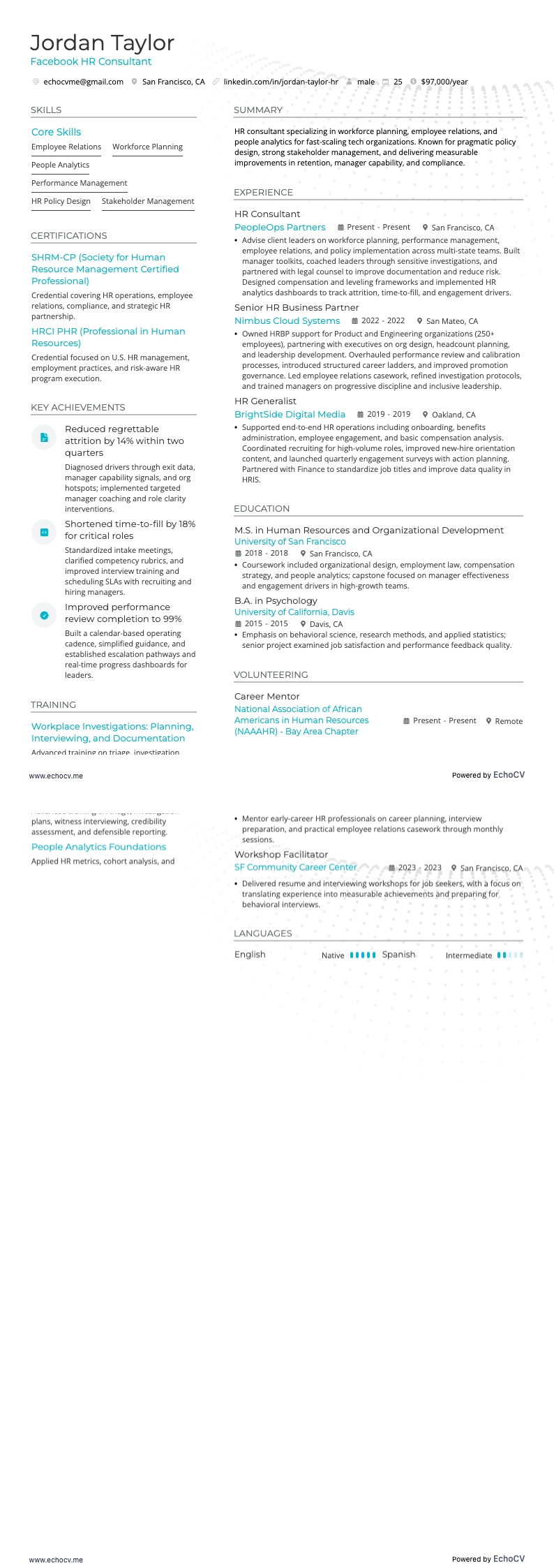 Facebook HR Consultant example resume