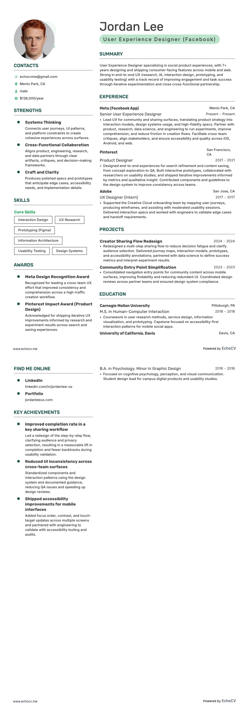 Facebook User Experience Designer example resume