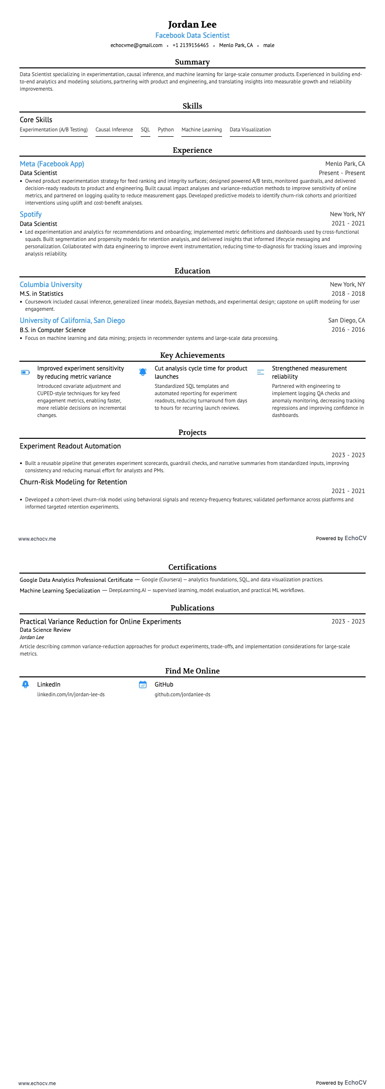 Facebook Data Scientist example resume