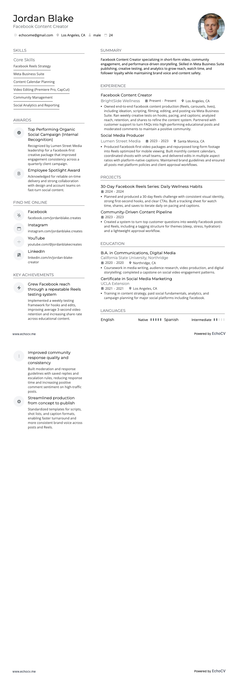 Facebook Content Creator example resume
