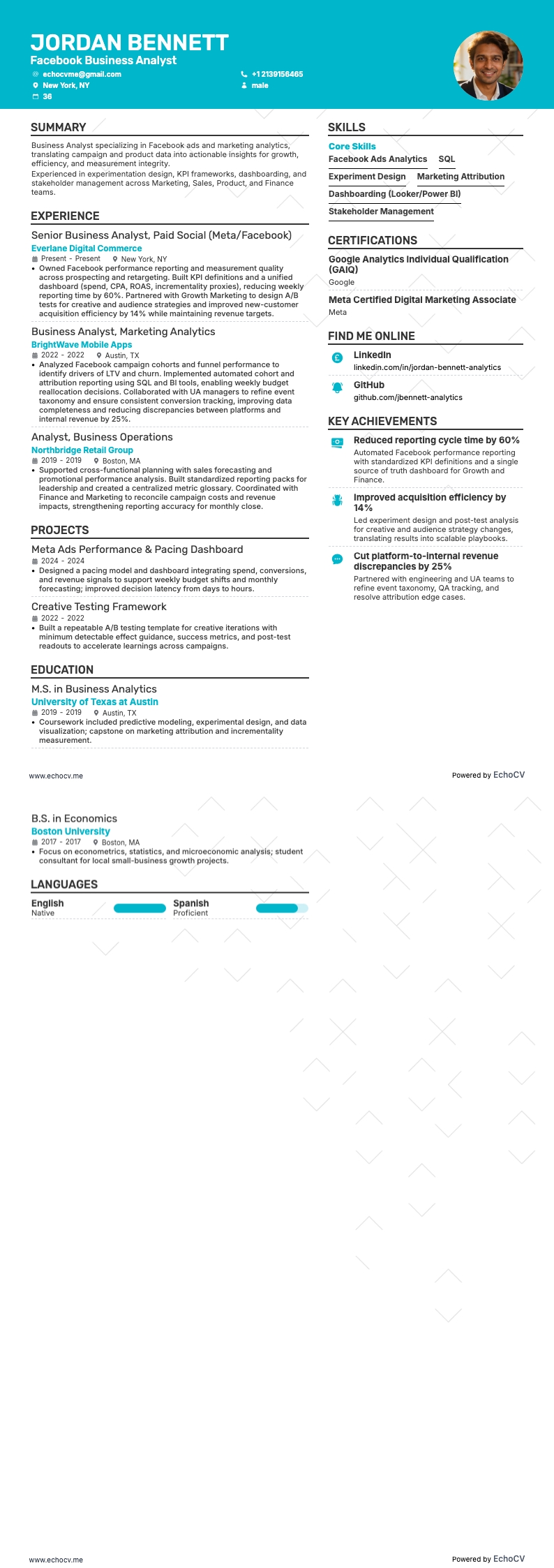 Facebook Business Analyst example resume