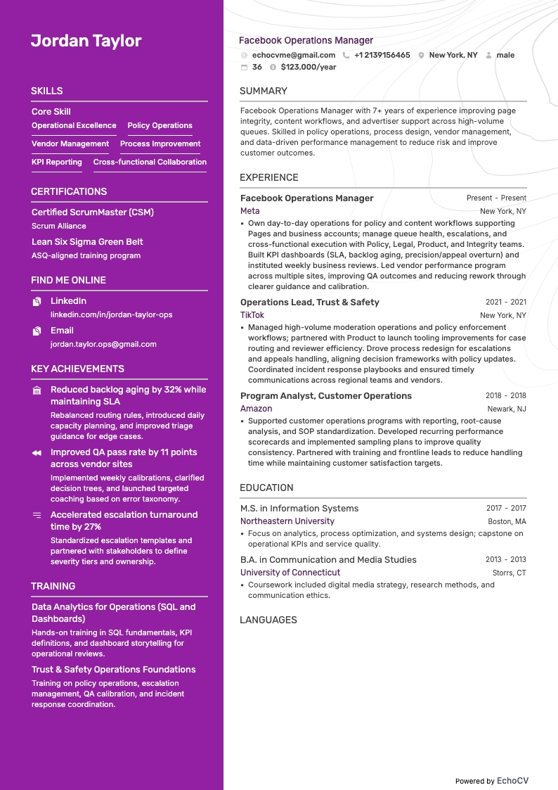 Facebook Operations Manager example resume