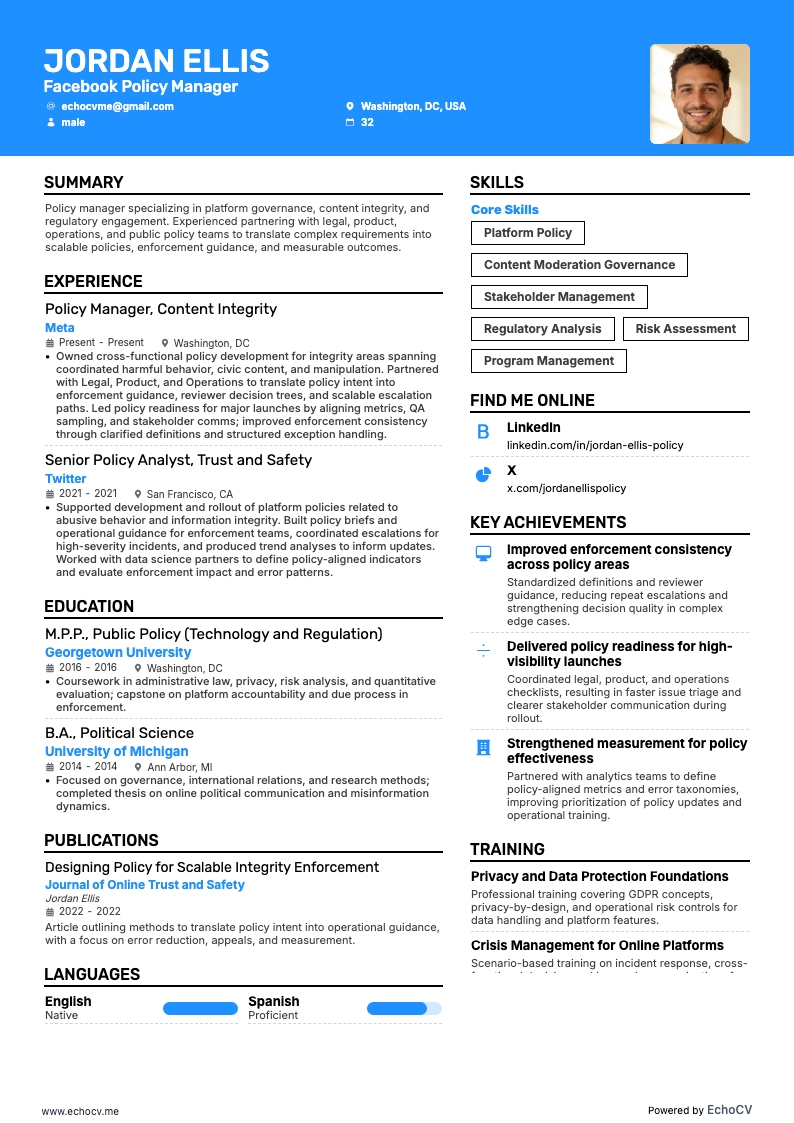 Facebook Policy Manager example resume