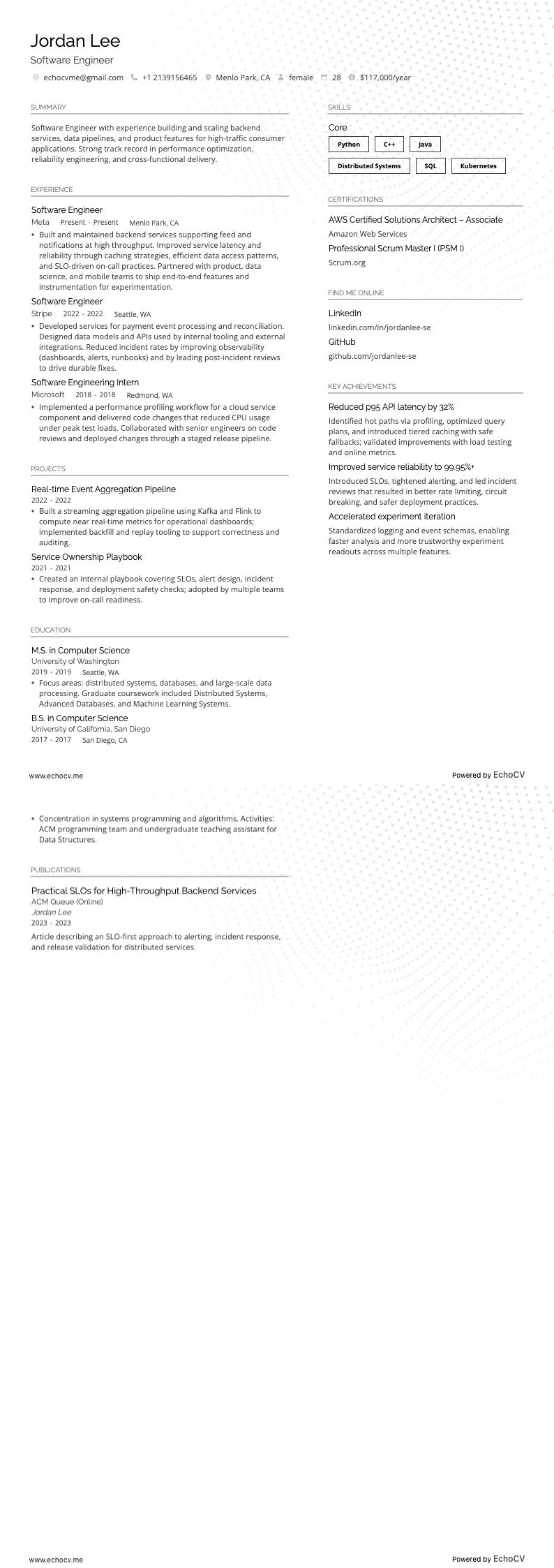 Facebook Software Engineer example resume