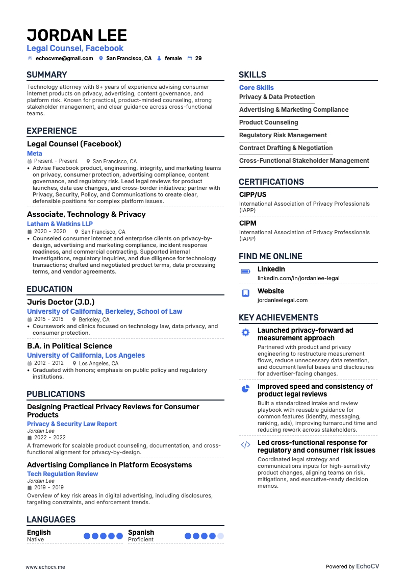 Facebook Legal Counsel example resume