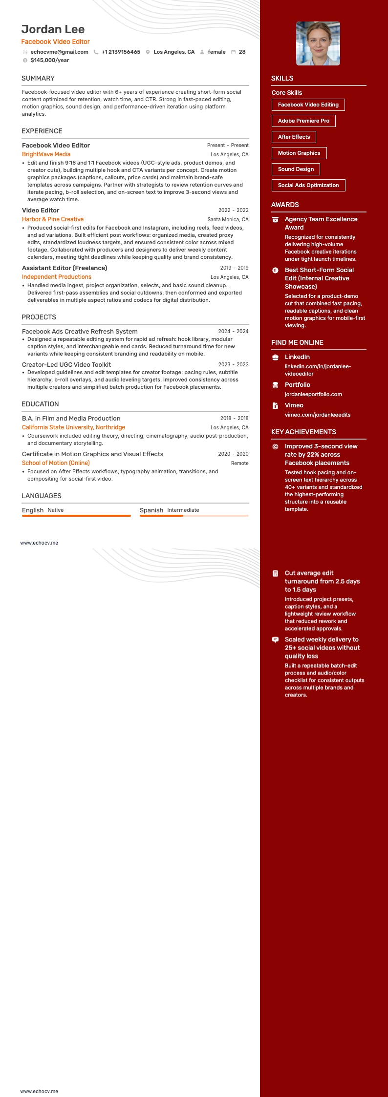 Facebook Video Editor example resume