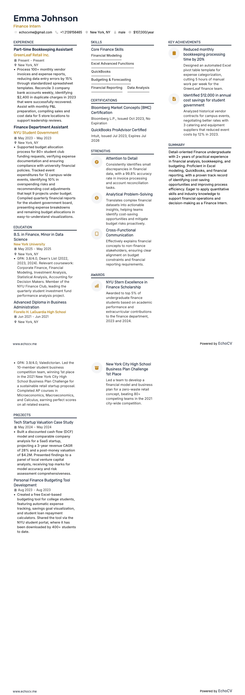 Finance Intern example resume