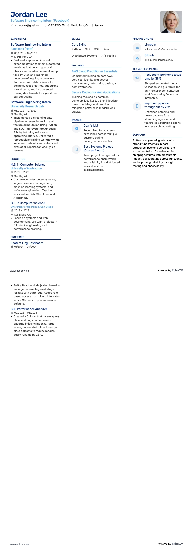 Facebook Intern example resume