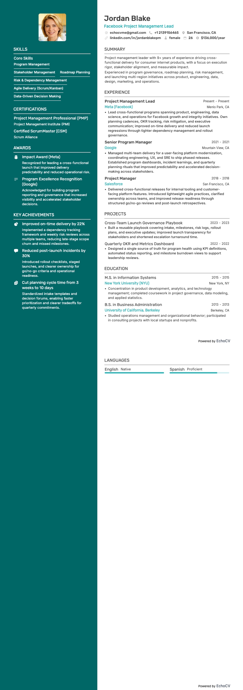 Facebook Project Management Lead example resume