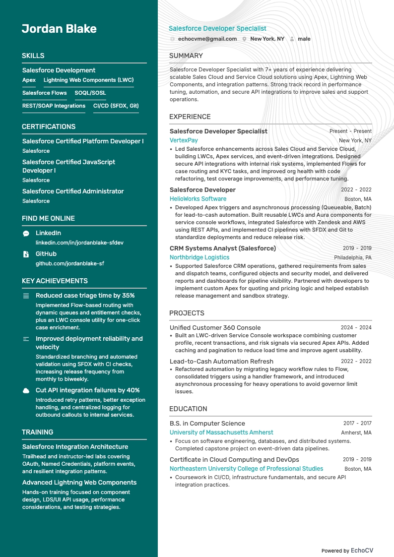 Salesforce-Entwicklungsspezialist example resume