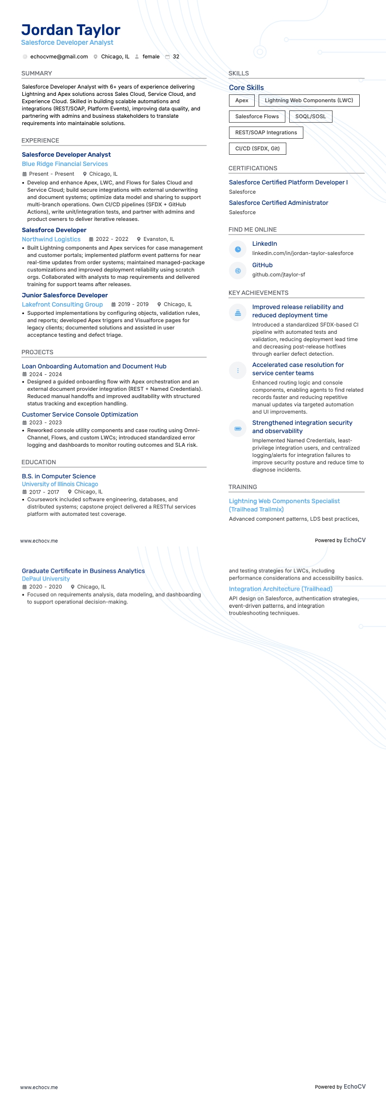 Salesforce Entwickleranalyst example resume