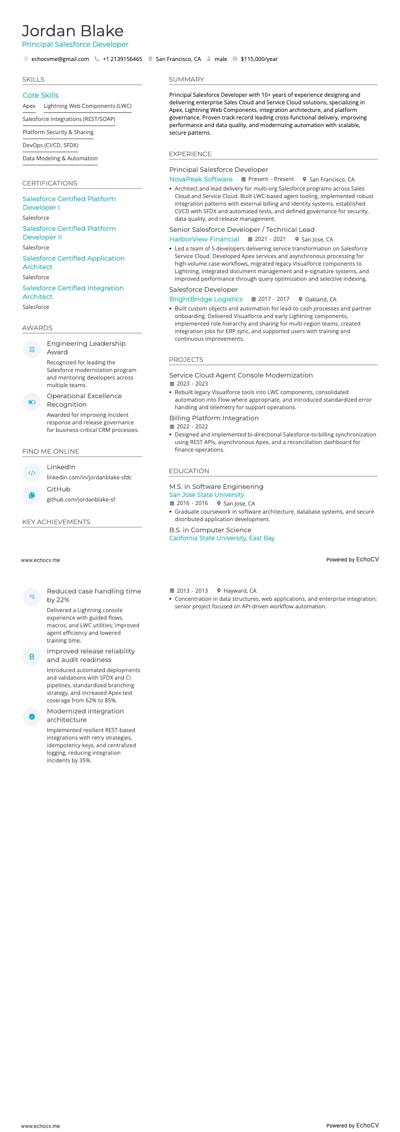 Leitender Salesforce-Entwickler example resume