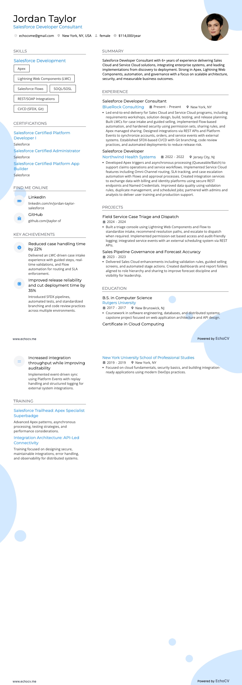 Salesforce-Entwicklerberater example resume