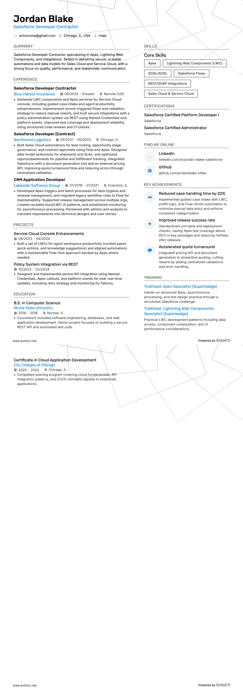 Salesforce-Entwickler auf Vertragsbasis example resume