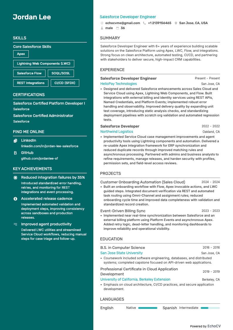 Salesforce Entwicklungsingenieur example resume