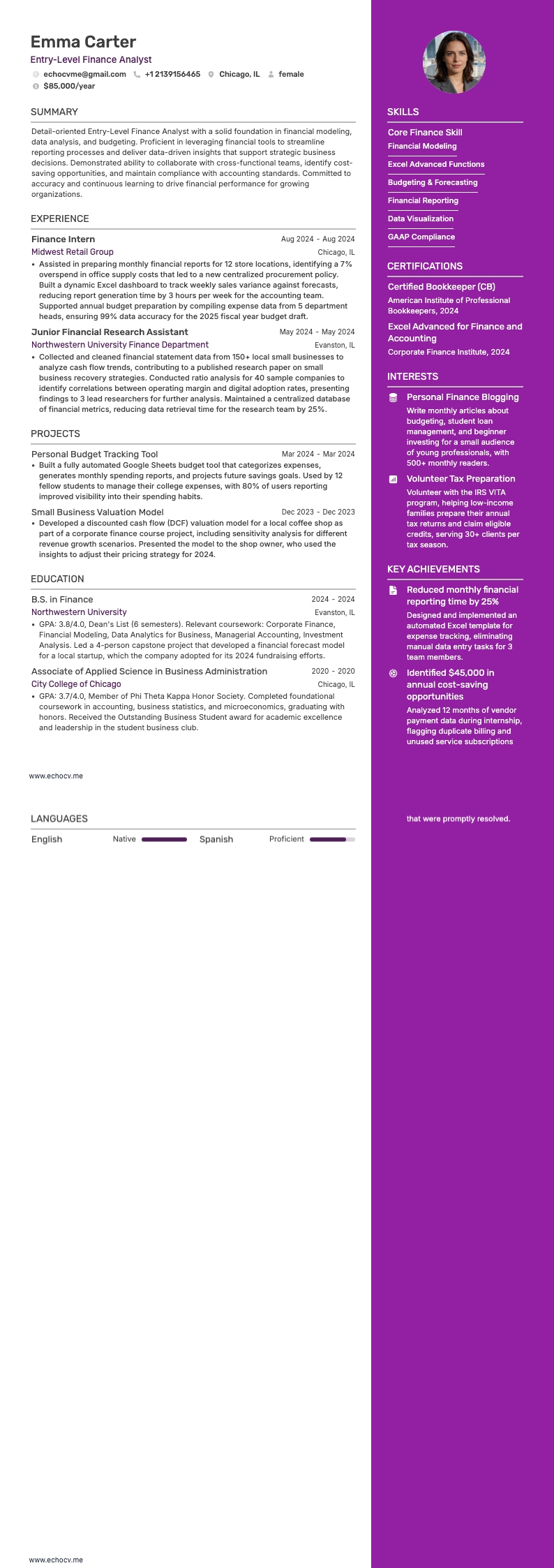 Entry-Level Finance Analyst example resume