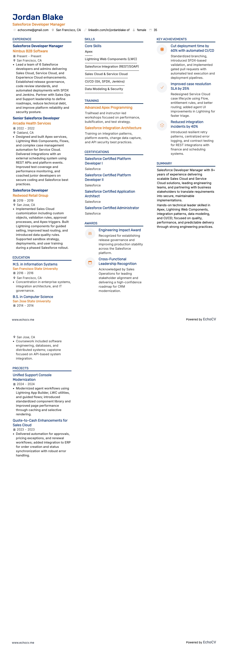 Salesforce-Entwicklungsmanager example resume