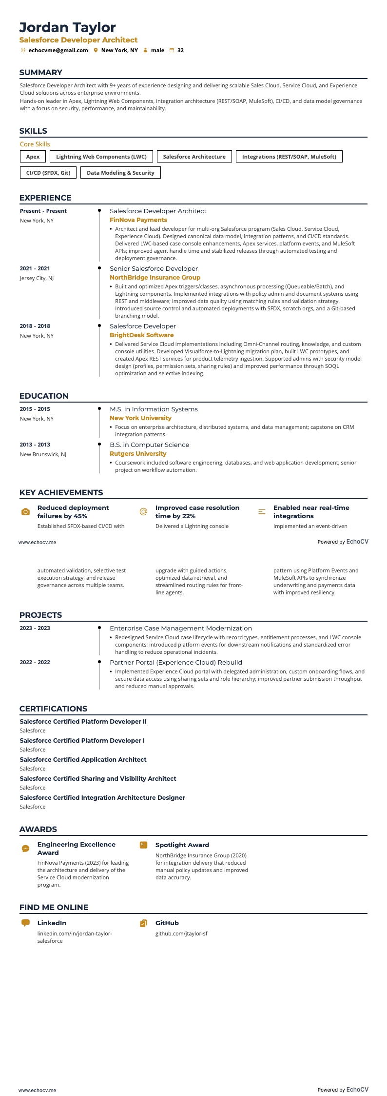 Salesforce Entwicklerarchitekt example resume