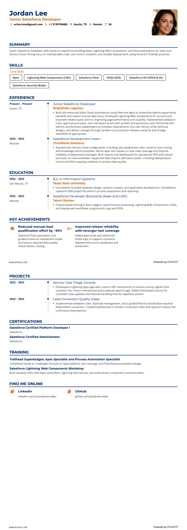 Junior Salesforce-Entwickler example resume