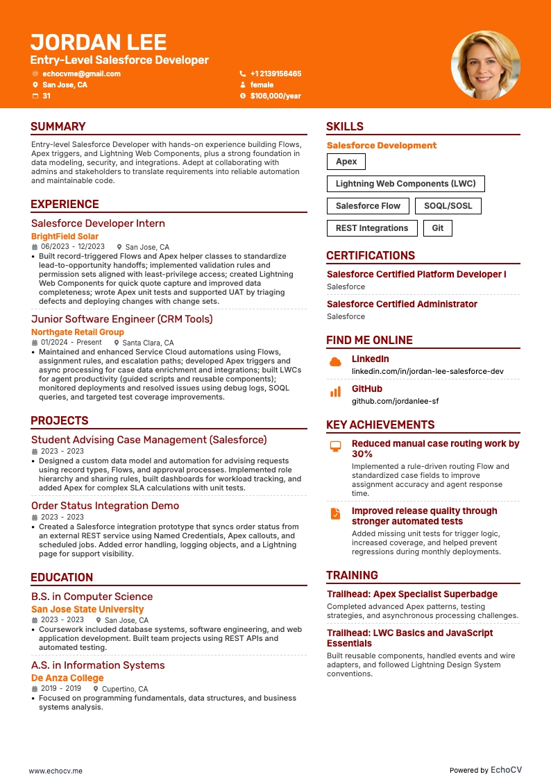 Salesforce-Entwickler/in (Einstiegsniveau) example resume
