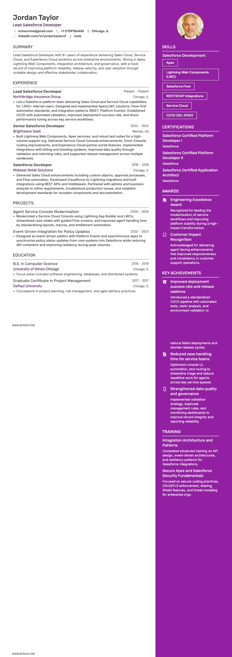 Leitender Salesforce-Entwickler example resume