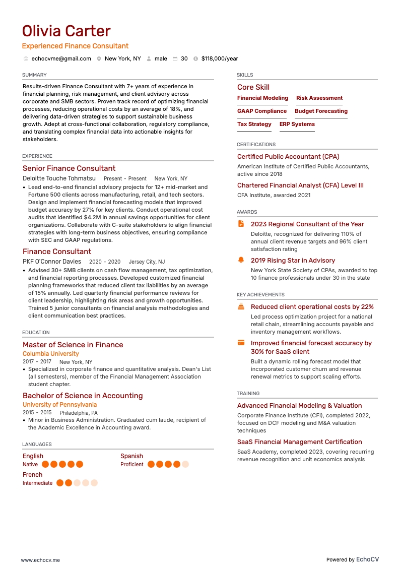 Experienced Finance Consultant example resume