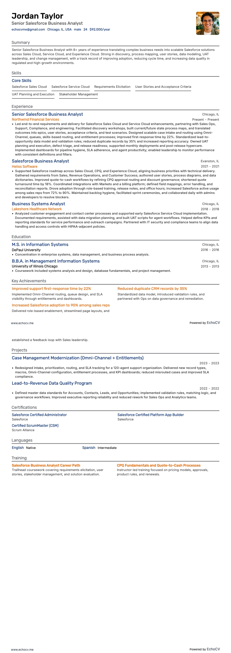 Analyste métier senior Salesforce example resume