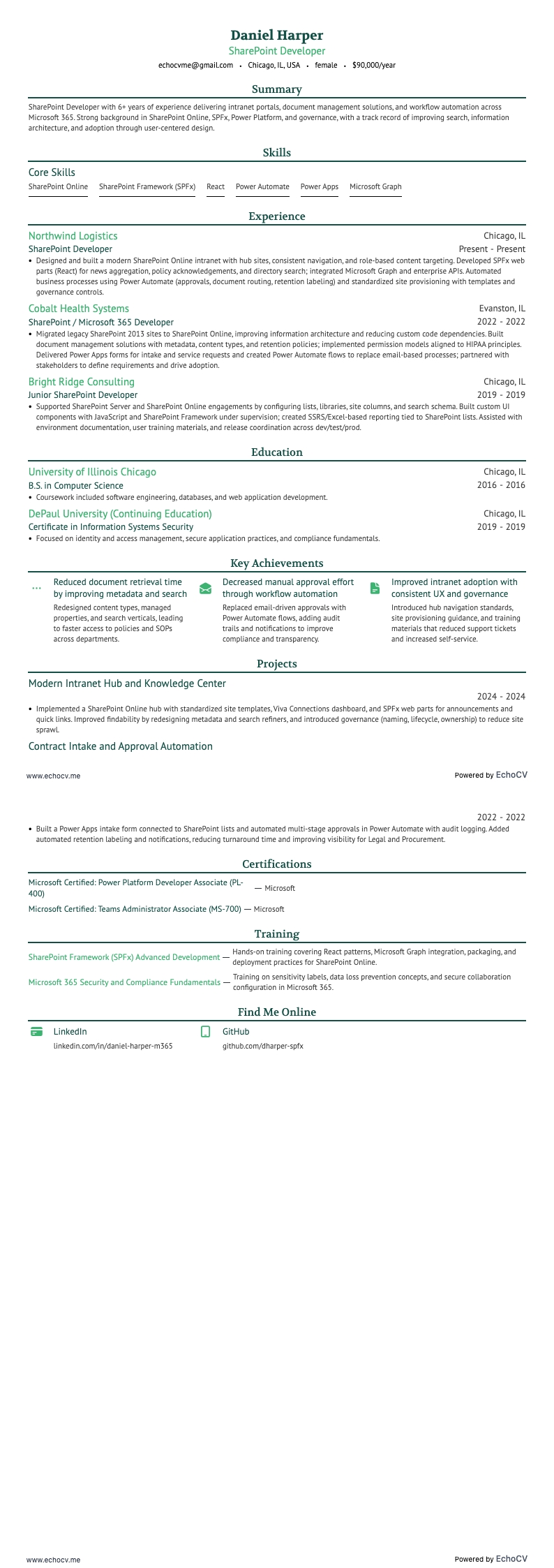 SharePoint Developer example resume