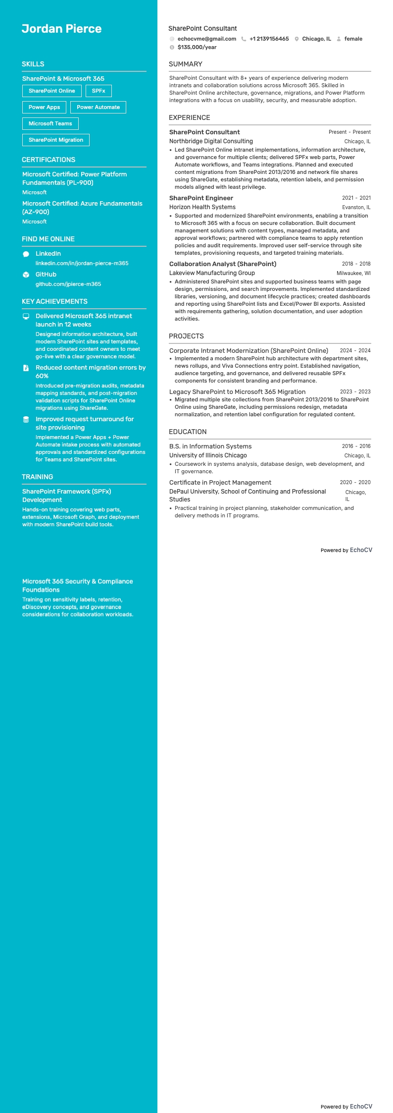 SharePoint Consultant example resume