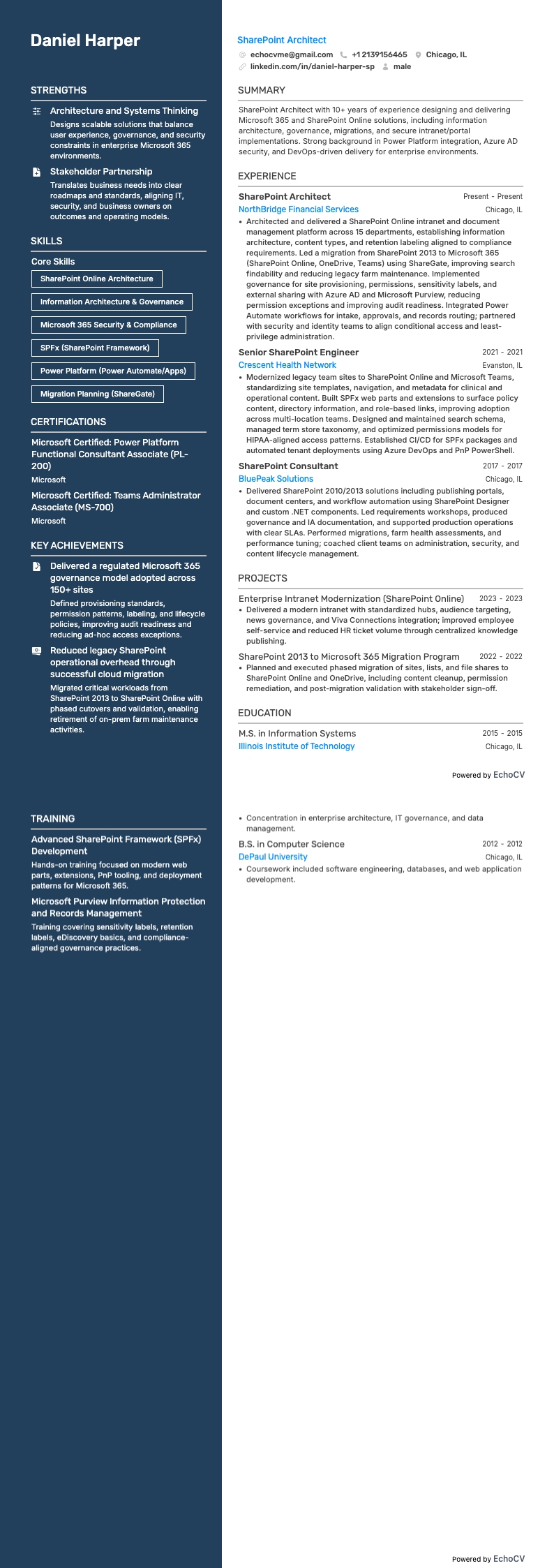 SharePoint Architect example resume
