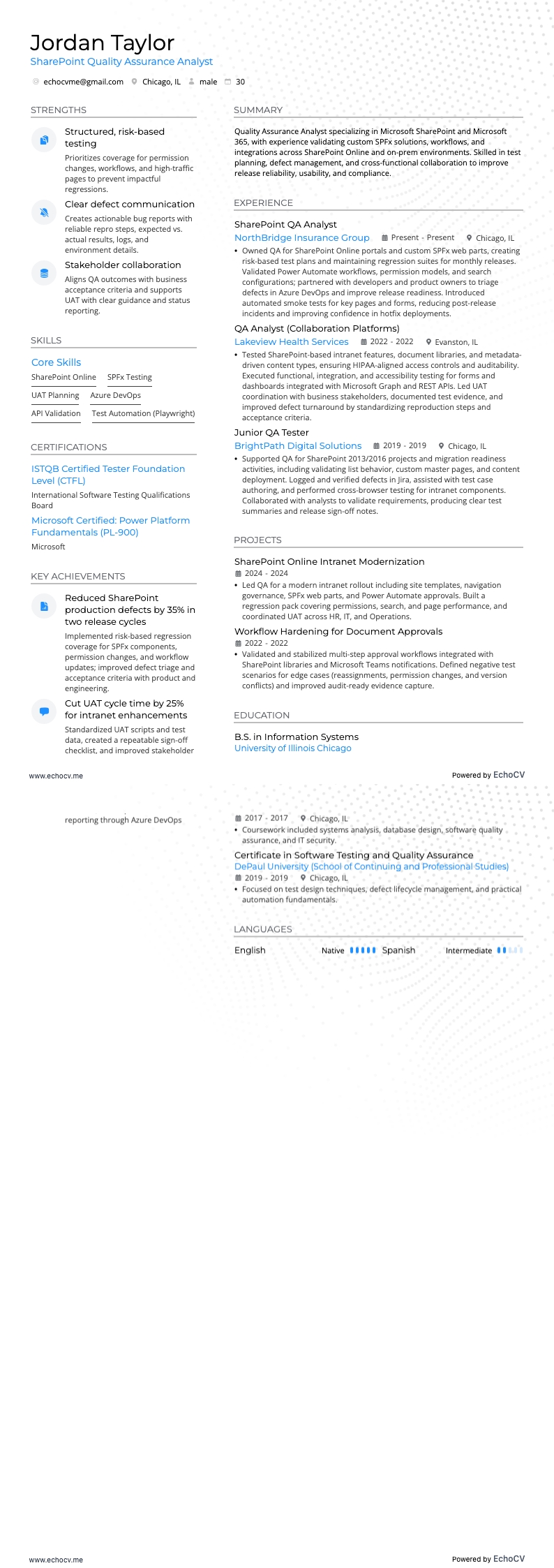 SharePoint Quality Assurance Analyst example resume