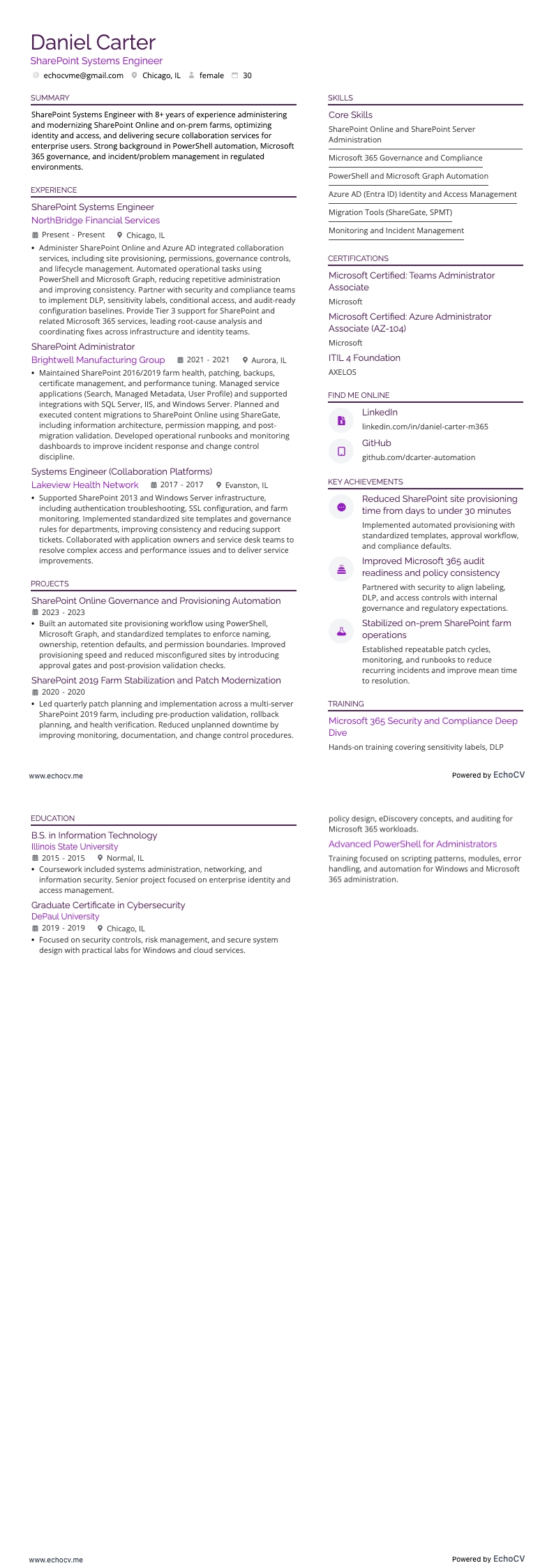 SharePoint Systems Engineer example resume