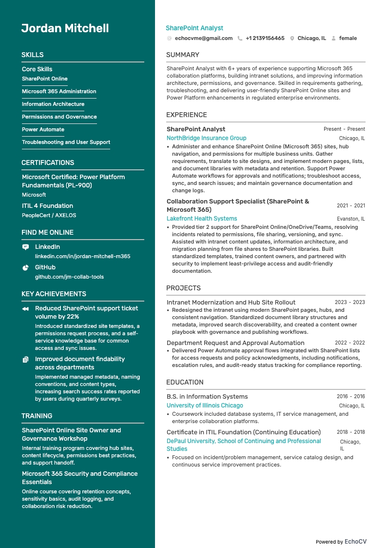 SharePoint Analyst example resume