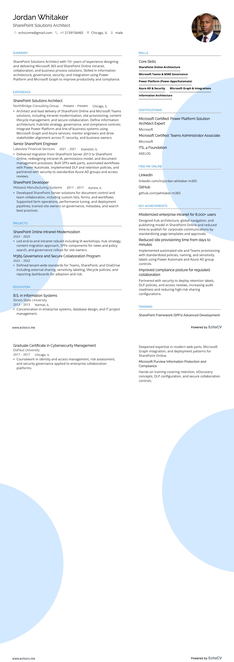 SharePoint Solutions Architect example resume