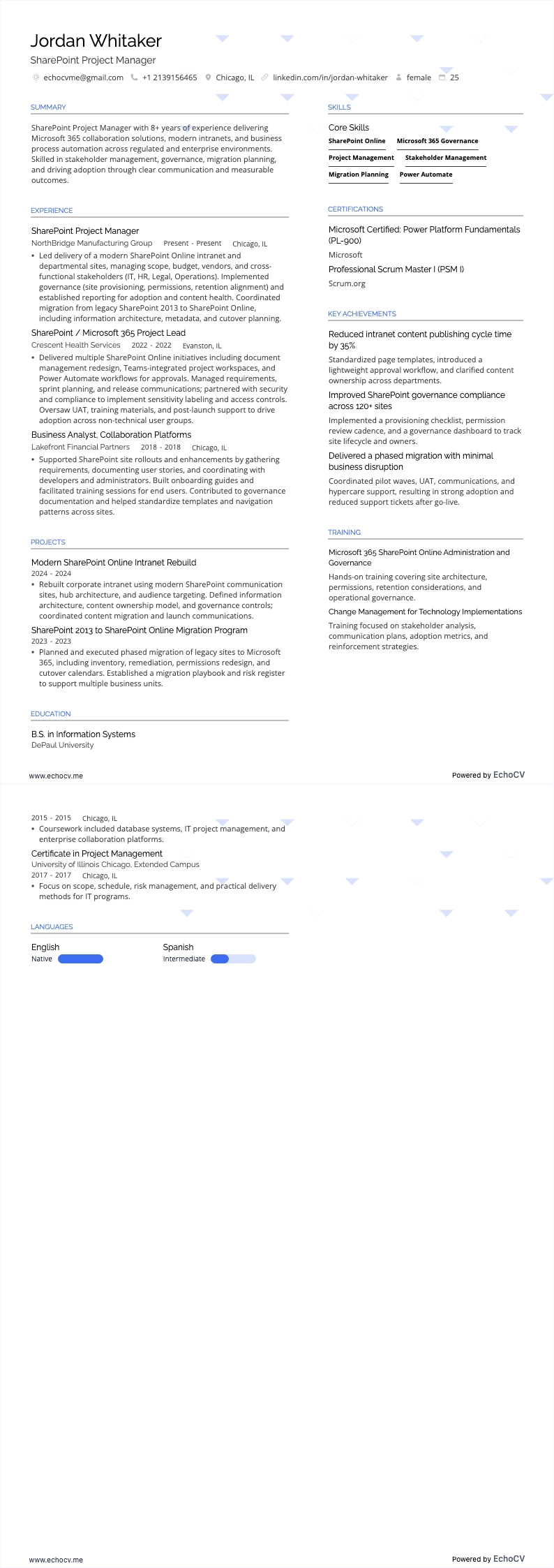 SharePoint Project Manager example resume
