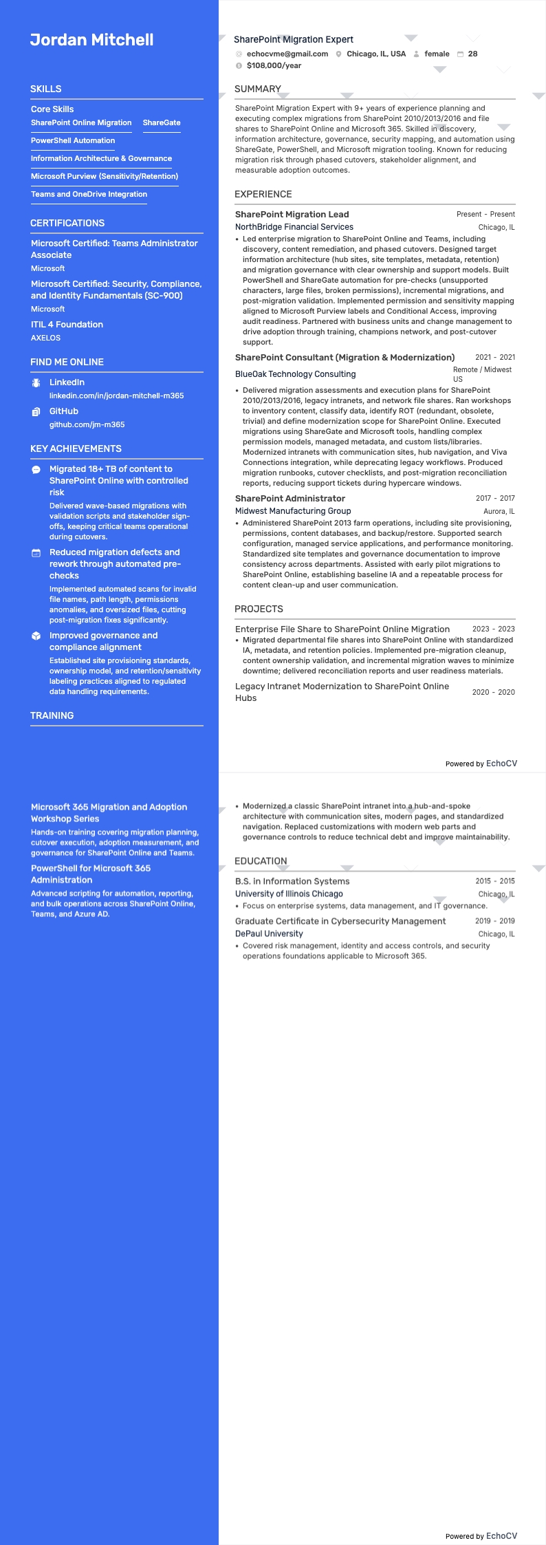 SharePoint Migration Expert example resume