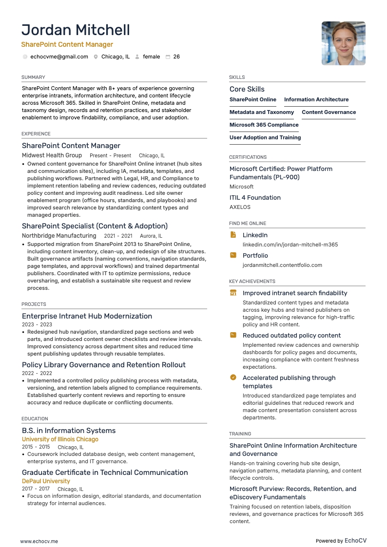 SharePoint Content Manager example resume