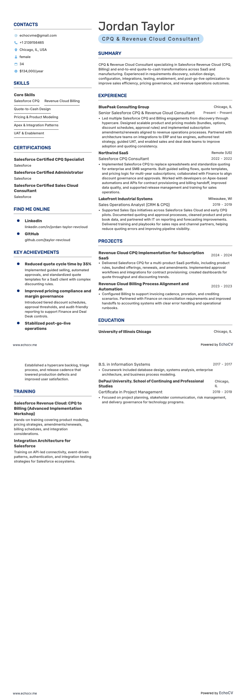 CPQ & Revenue Cloud Consultant example resume